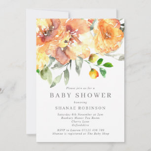 Invitación Flores de color de agua Naranja otoño Baby Shower