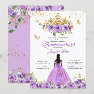 Invitación Flores de color de agua púrpura de la quinceañera 