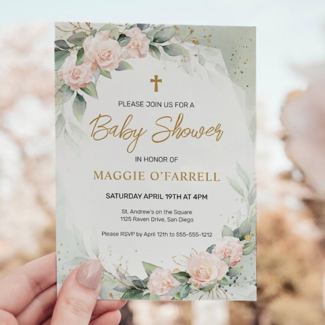 Invitación Flores de color de agua rosa Baby Shower religioso (Subido por el creador)