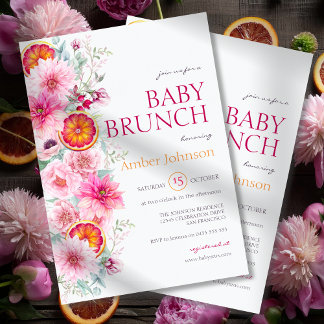 Invitación Flores de color de agua rosa y Baby Shower de cítr