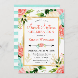 Invitación Flores de color de agua rosa y de menta dulce diec