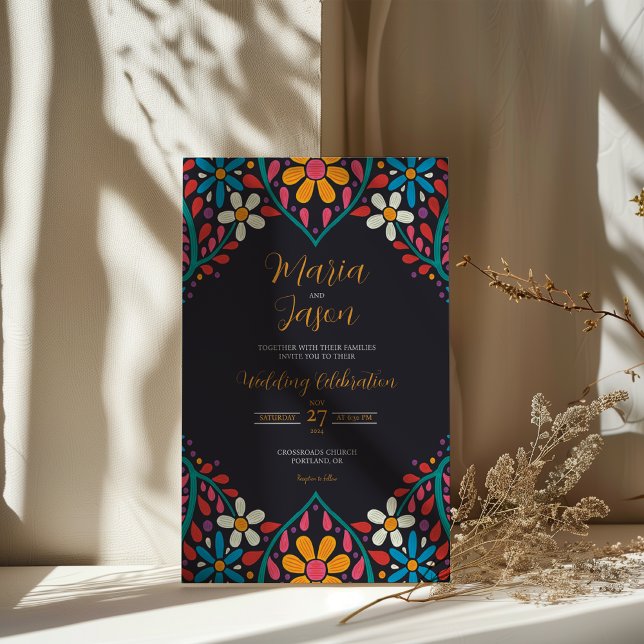 Invitación Flores de color negro mexicano Boda Boda (Mexican Black Floral Colorful Flowers Boda Wedding Invitation)