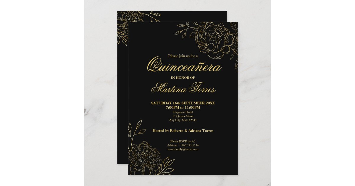 Invitación Flores de color negro y dorado de quinceañera flor 