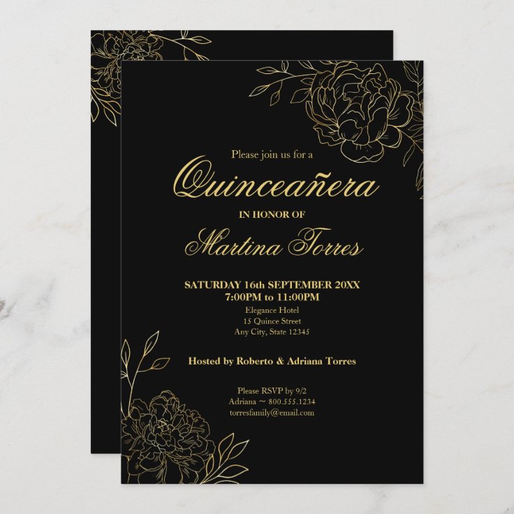 Invitación Flores de color negro y dorado de quinceañera flor 