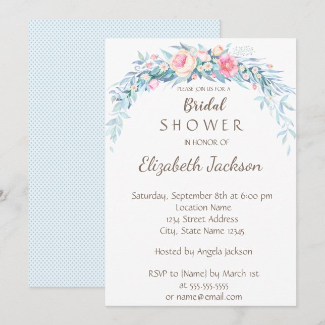 Invitación Flores de color Polka Dots Bridal Shower (Anverso / Reverso)