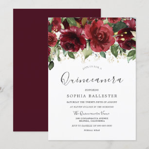 Invitación Flores de color rojo borgoñona Quinceanera Fiesta