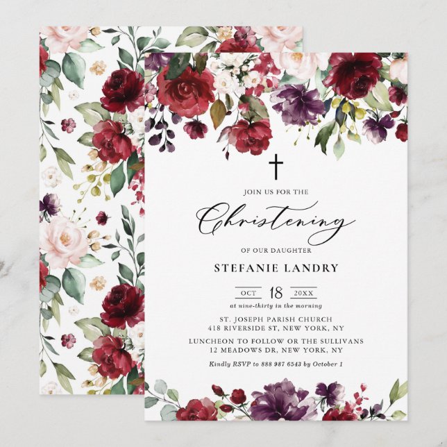 Invitación Flores de color rojo y púrpura (Anverso / Reverso)