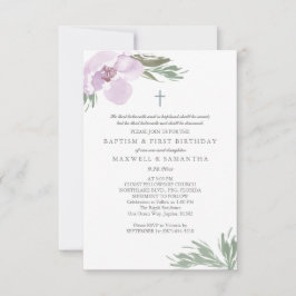 Invitación Flores de color rosa pastel gemelos bautismo