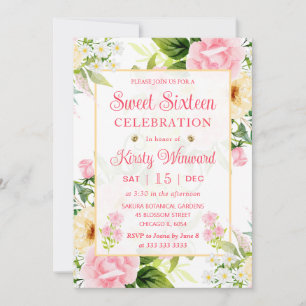 Invitación Flores de color rosa y amarillo dulces Dieciséis