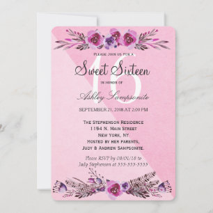 Invitación Flores de color rosa y morado dulces 16 invitados