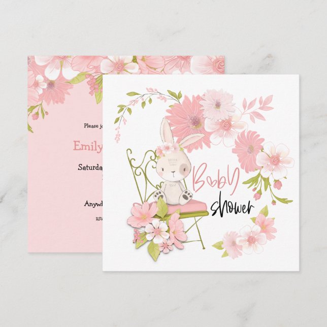 Invitación Flores de conejito blanco Chica rosado Baby Shower (Anverso / Reverso)