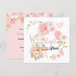 Invitación Flores de conejito blanco Chica rosado Baby Shower