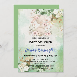 Invitación Flores de conejo rosado lindo bebé niña ducha