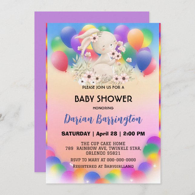 Invitación Flores de conejo rosado lindo globo de bebé (Anverso / Reverso)