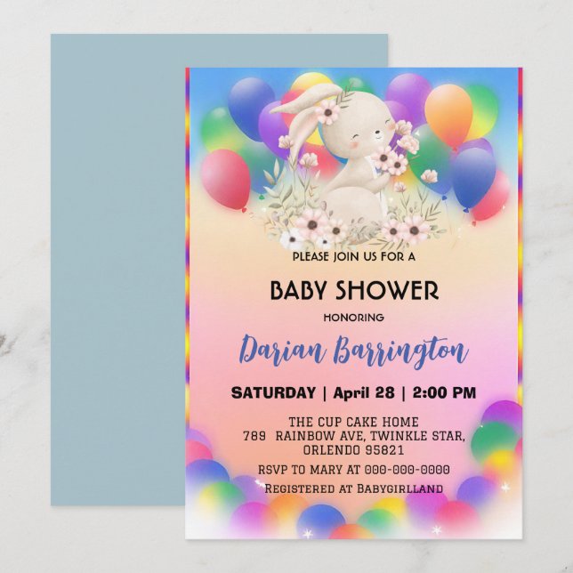 Invitación Flores de conejo rosado lindo globo de bebé (Anverso / Reverso)