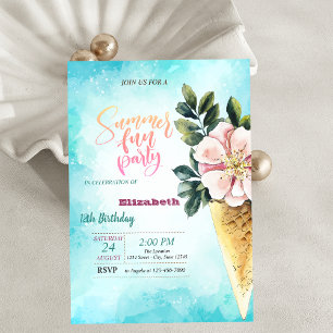 Invitación Flores de Cono de Helado Cumpleaños de Verano Fies