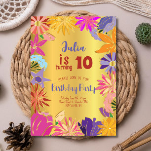 Invitación Flores de contorno dorado Cumpleaños
