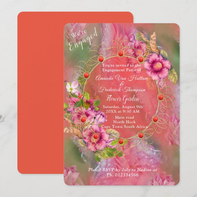 Invitación Flores de coral, hierba y peones rosados (Anverso / Reverso)