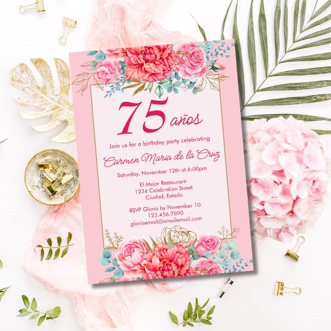 Invitación Flores de Coral Rosa Cumpleaños 75 Fiesta Española (Subido por el creador)