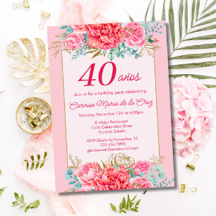 Invitación Flores de Coral Rosa Cumpleaños Español 40 Party
