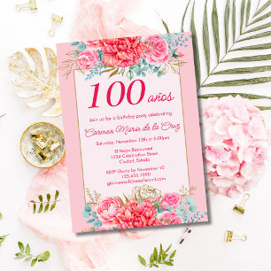 Invitación Flores de Coral Rosa Cumpleaños número 100 Español