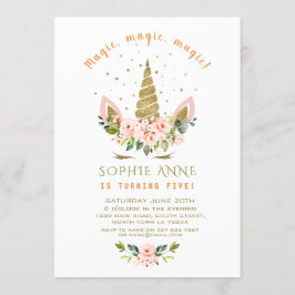 Invitación Flores de coral vivos modernas oro unicornio cumpl