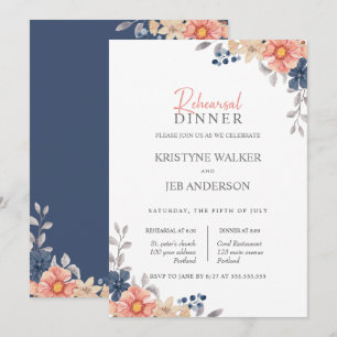 Invitación Flores de coral y marina elegante cena de ensayo