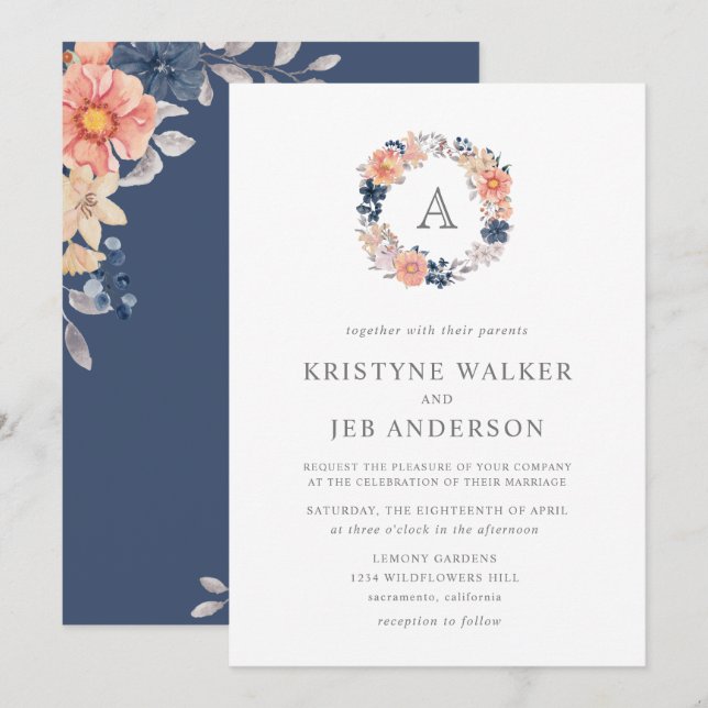 Invitación Flores de coral y marina | Monograma Boda acuarela (Anverso / Reverso)