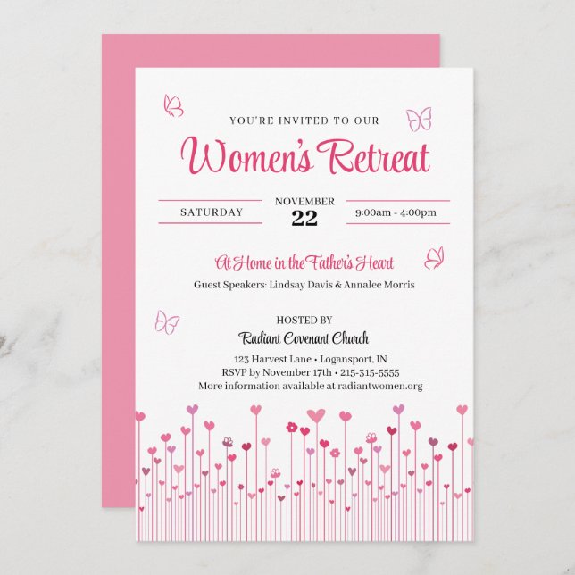 Invitación Flores de corazón rosado: retiro de iglesia femeni (Anverso / Reverso)