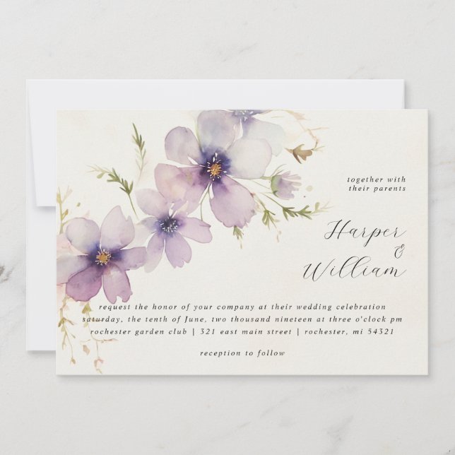 Invitación Flores de cosmos azul pastel boda horisontal (Anverso)