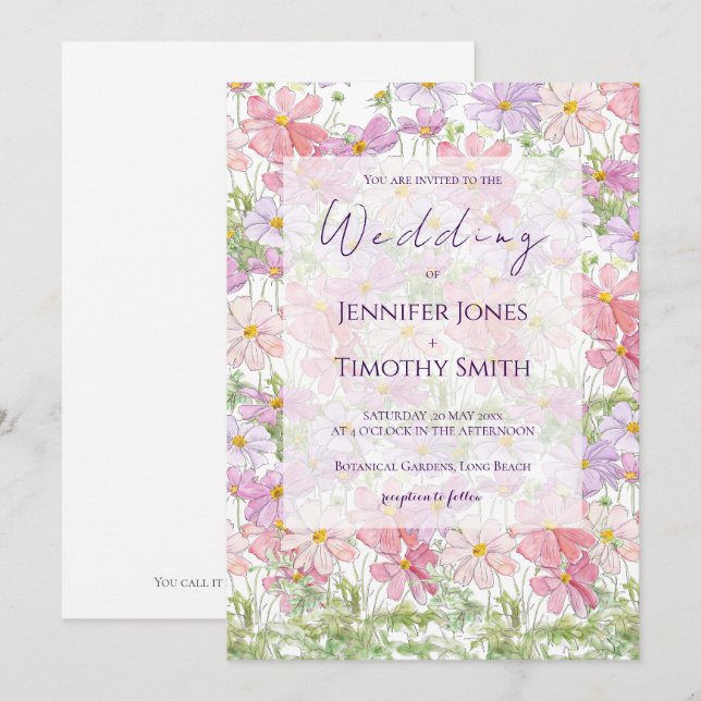 Invitación flores de cosmos púrpura y rosa acuarela (Anverso / Reverso)