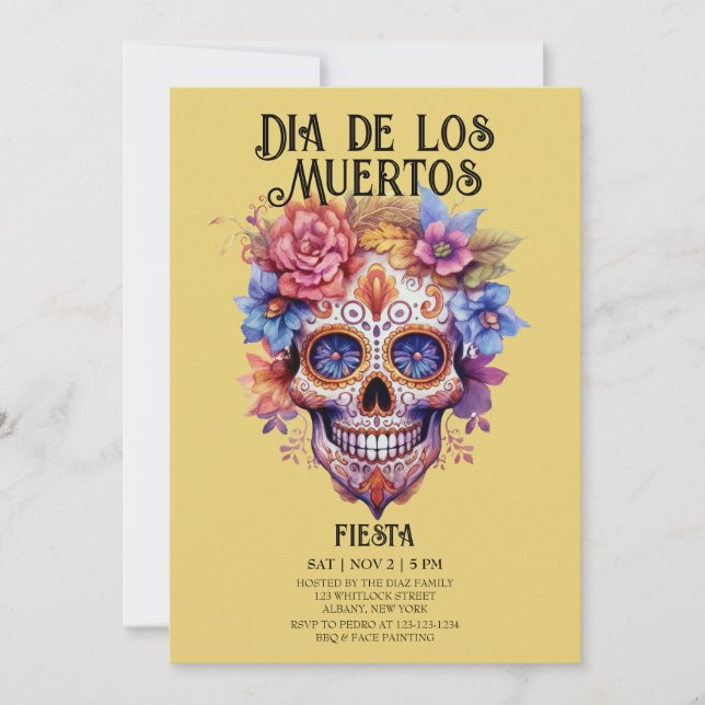 Invitación Flores de cráneo Amarilla, Fiesta de los Muertos (Anverso)