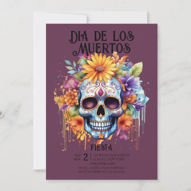 Invitación Flores de cráneo añil dia de los muertos Fiesta (Anverso)