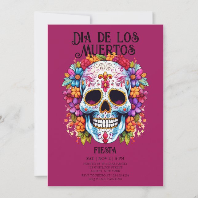 Invitación Flores de cráneo Magenta Dia de los Muertos Fiesta (Anverso)