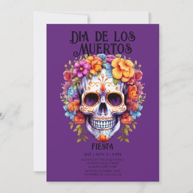 Invitación Flores de cráneo morado Día de los Muertos Fiesta (Anverso)