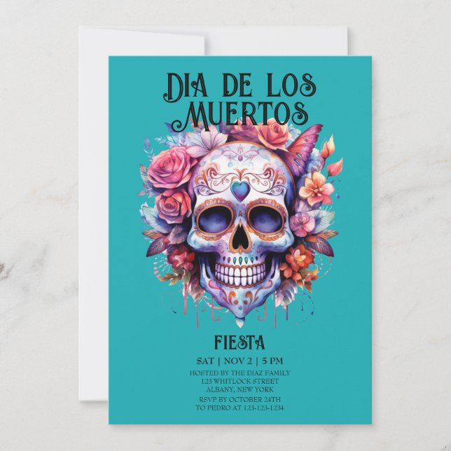 Invitación Flores de cráneo Turquesa Dia de los Muertos Fiest (Anverso)