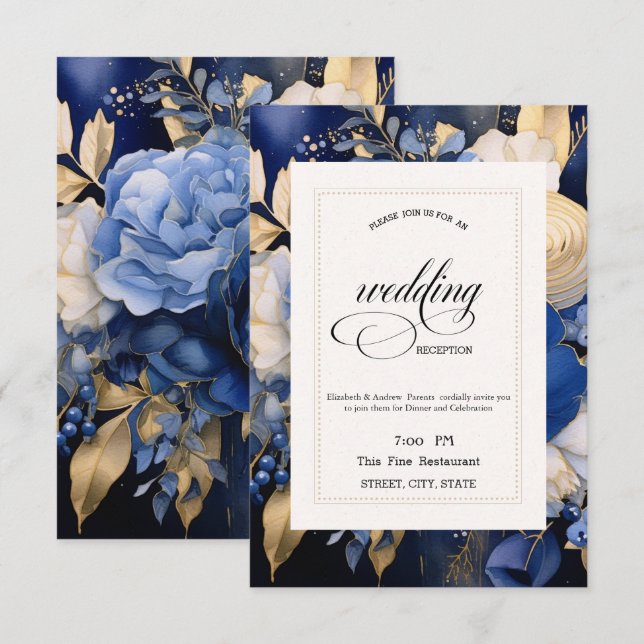 Invitación Flores de crema azul de la marina Encender (Anverso / Reverso)