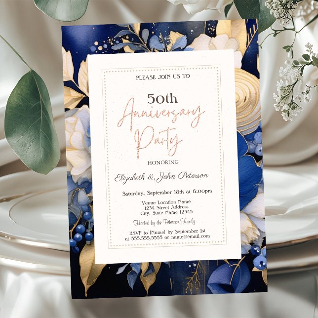 Invitación Flores de Crema Azul Marinho Bodas Aniversario (Subido por el creador)
