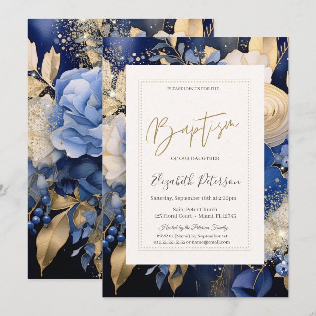 Invitación Flores de Crema Azul Marino Bautizo (Anverso / Reverso)