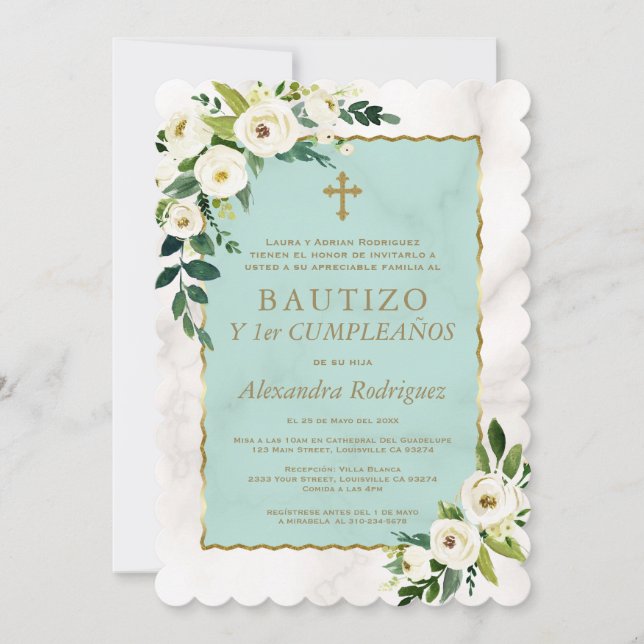 Invitación Flores de crema blanca Bautismo español de primer  (Anverso)