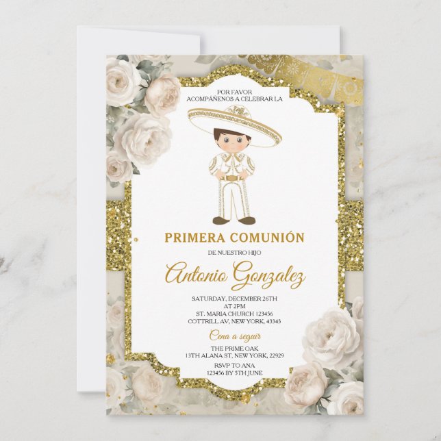 Invitación Flores de crema blanca Carne de oro Niño Primera C (Anverso)