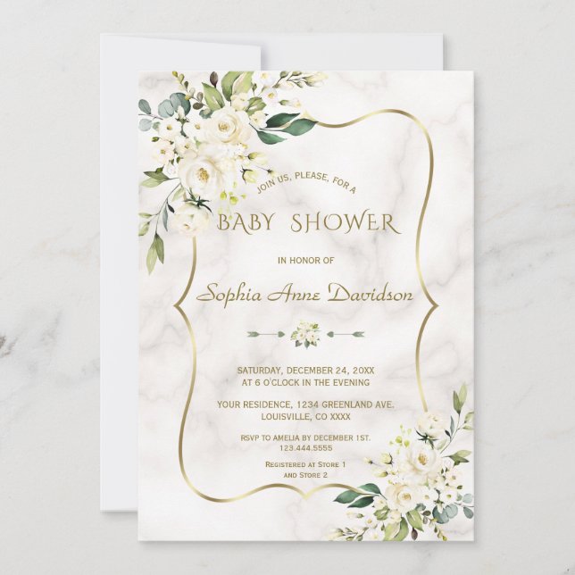 Invitación Flores de crema blanca de lujo Baby Shower de márm (Anverso)