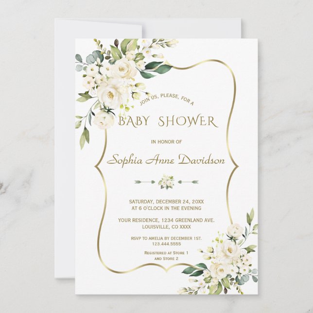 Invitación Flores de crema blanca de lujo Baby Shower Gold (Anverso)
