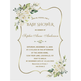Invitación Flores de crema blanca de lujo Baby Shower Gold