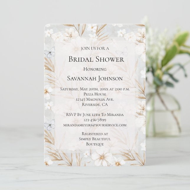 Invitación Flores de crema blanca Mariposas azules Ducha de n (Anverso de pie)