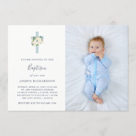 Invitación Flores de cruz azul y blanca | Baptismo de foto bo