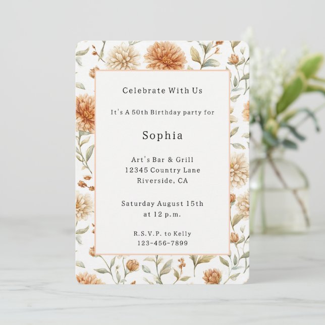 Invitación Flores de Cumpleaños Crema de Naranja (Anverso de pie)