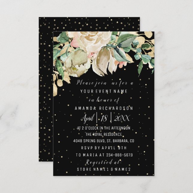 Invitación Flores de cumpleaños de boda doradas menta negro a (Anverso / Reverso)