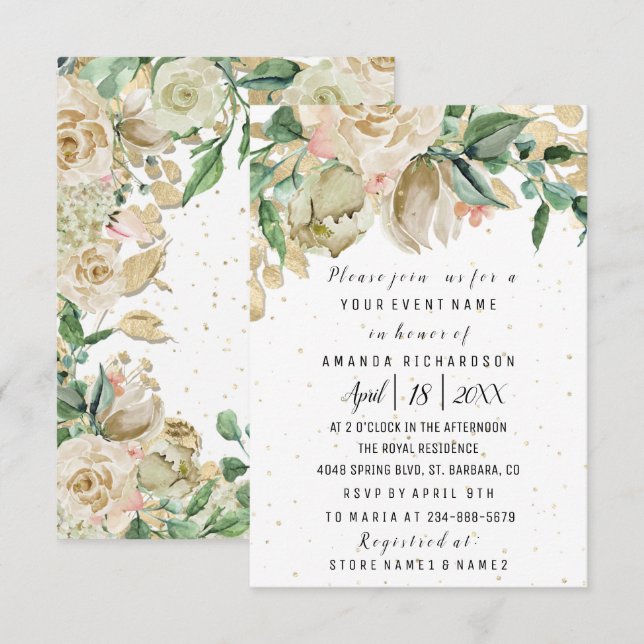 Invitación Flores de Cumpleaños de Boda Dorado Menta Blanco A (Anverso / Reverso)
