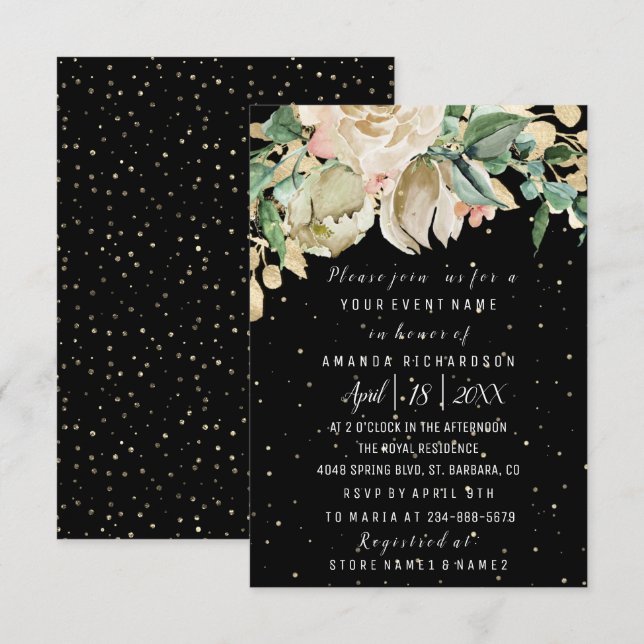 Invitación Flores de Cumpleaños de Boda Dorado Menta Negro Ac (Anverso / Reverso)